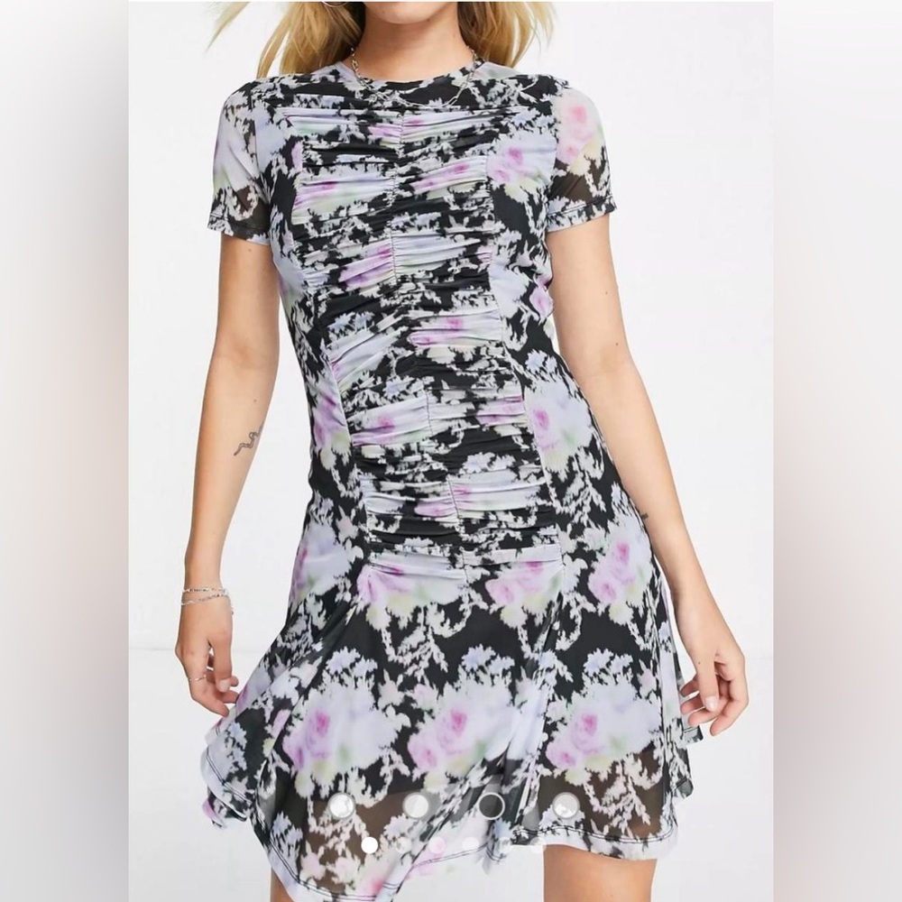 TOPSHOP Floral Ruched Mesh Mini Dress XS Excellent Condition